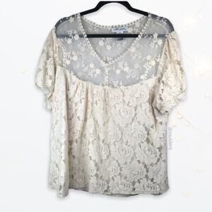 Ultra Pink Floral Embroidered Lace Sheer Paneled Cream White Tone Shirt